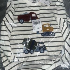 2 PIECE OUTFIT. Striped Kids Toy Construction Vehicle shirt and Varsity Jeans
